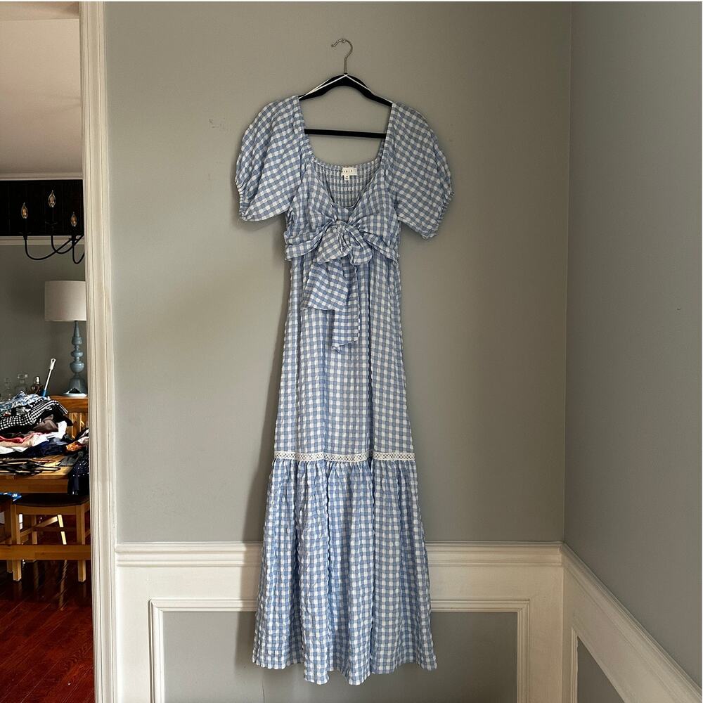 Mable Leah Maxi Blue Gingham Plaid Maxi Dress Size Medium